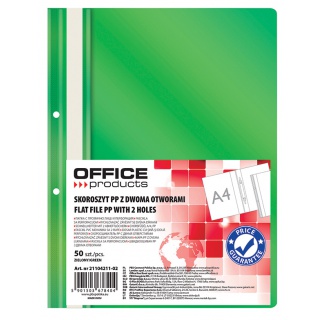 Skoroszyt OFFICE PRODUCTS, PP, A4, 2 otwory, 100/170mikr., wpinany, zielony, Skoroszyty podstawowe, Archiwizacja dokumentów