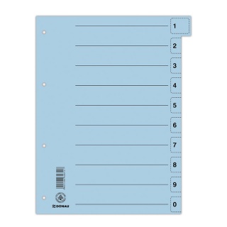 Dividers DONAU, cardboard, 1/3 A4, 235x300mm, 0-9, 10 multipunched sheets, blue