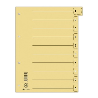 Dividers DONAU, cardboard, A4, 235x300mm, 0-9, 10 multipunched sheets, yellow, Cardboard dividers, Document archiving