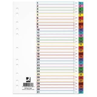 Dividers Q-CONNECT Mylar, cardboard, A4, 225x297mm, 1-31, 31pcs, laminated index tabs, assorted colours