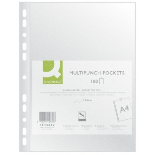 Punched Pocket Q-CONNECT, PP, 40 micron, orange peel, A4/100pcs, clear