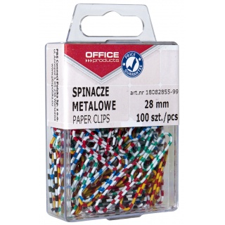 Metal paper clips, OFFICE PRODUCTS, Zebra, coated, 28 mm, in a box, 100 pieces, assorted colours