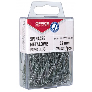 Metal paper clips, OFFICE PRODUCTS, 32 mm, in a box, 75 pieces, silver