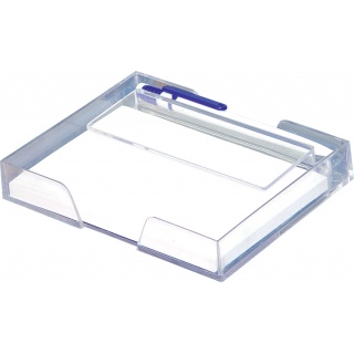 Desktop organizer, with a pen and small sheets, transparent
