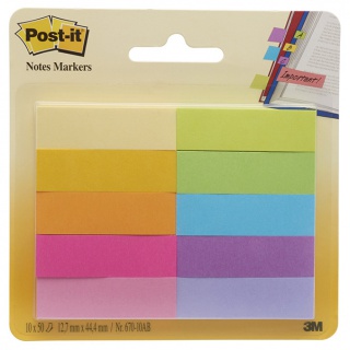 Zakładki indeksujące POST-IT® (670-10AB), papier, 12,7x44,4mm, 10x50 kart., mix kolorów, Bloczki samoprzylepne, Papier i etykiety