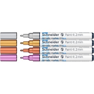 Acrylic Marker SCHNEIDER Paint-It Metallic, 2 mm, case, 4 pcs, silver, gold, copper, purple