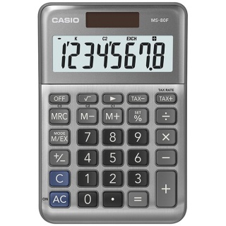 Kalkulator biurowy CASIO MS-80F, 8-cyfrowy, 103x147x28,8mm, szary, Kalkulatory, Urządzenia i maszyny biurowe
