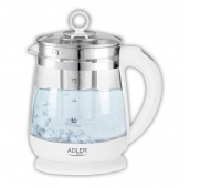 Czajnik elektryczny ADLER AD 1299, 1,5L, z regulacją temperatury i zaparzaczem, szklany, biały