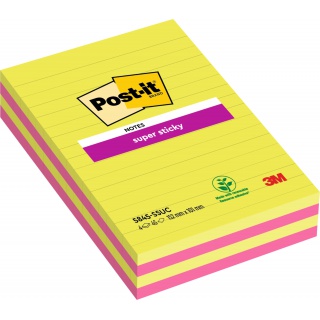Notes large POST-IT® Super Sticky, 127x203mm, 4x45 cards, in lines, mixed colors