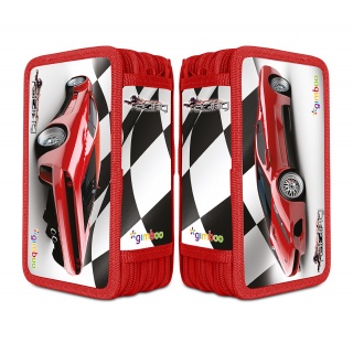 School pencil case GIMBOO, with equipment, 3 compartments, Racing, red
