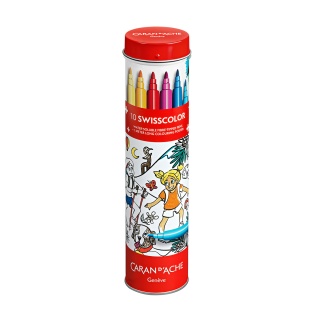 Watercolor markers CARAN D'ACHE Swisscolor, in a metal tube, with a coloring book, 10 pcs, mix colors