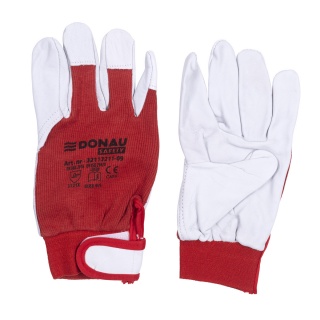 Work Gloves DONAU SAFETY, goat leather on palm side, velcro, size 9/L, white-red