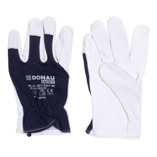 Work Gloves DONAU SAFETY, goat leather on palm side, elastic cuff, size 7/S, white-navy blue