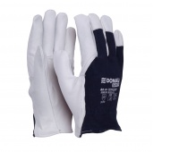 Work Gloves DONAU SAFETY, goat leather on palm side, elastic cuff, size 8/M, white-navy blue