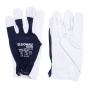 Work Gloves DONAU SAFETY, goat leather on palm side, elastic cuff, size 9/L, white-navy blue