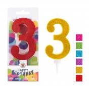 Birthday candle TRENDHAUS Birthday Fun maxi, glitter, no. 3, color mix