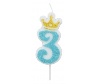 Candle PARTY GO, number 3, 6,8cm, blue