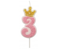 Candle PARTY GO, number 3, 6,8cm, pink