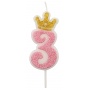 Candle PARTY GO, number 3, 6,8cm, pink