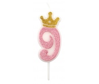 Candle PARTY GO, number 9, 6,8cm, pink