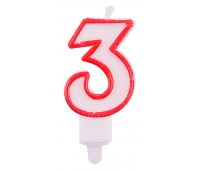 Candle PARTY GO, number 3, 9cm, white-red