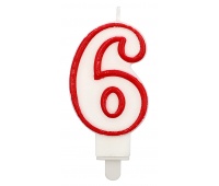 Candle PARTY GO, number 6, 9cm, white-red