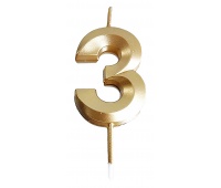 Candle PARTY GO, number 3, 4.8cm, gold