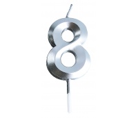 Candle PARTY GO, number 8, 4.8cm, silver