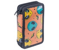 School pencil case GIMBOO, with accessories, 2 compartments, Jumbo, Alien, orange-black