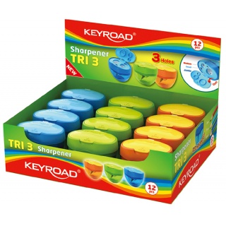 Pencil sharpener KEYROAD Tri 3, plastic, triple, with container, display packing, color mix